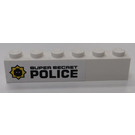 LEGO Wit Steen 1 x 6 met 'SUPER SECRET Politie' (Links) Sticker (3009)