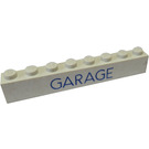 LEGO White Brick 1 x 8 with Blue "GARAGE" without Bottom Tubes with Cross Support
