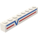 LEGO Weiß Backstein 1 x 8 mit Blau -V- und rot Lines Links Aufkleber (3008)