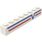 LEGO Weiß Backstein 1 x 8 mit Blau -V- und rot Lines Recht Aufkleber (3008)