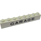 LEGO White Brick 1 x 8 with "GARAGE" without Bottom Tubes with Cross Support