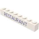 LEGO White Brick 1 x 8 with "RESTAURANT" (Blue Font) (3008)