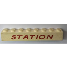 LEGO White Brick 1 x 8 with "STATION" without Bottom Tubes with Cross Support
