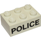 LEGO hvid Klods 2 x 3 med Sort "Politi" Sans-Serif (Tidligere uden krydsstøtte) (3002)