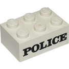 LEGO White Brick 2 x 3 with Embossed Black 'POLICE' Serif Bold Pattern (Earlier, without Cross Supports) (3002)