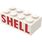 LEGO White Brick 2 x 4 with Red 'SHELL' (Earlier, without Cross Supports) (3001)