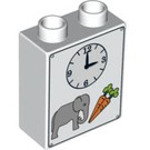 LEGO White Duplo Brick 1 x 2 x 2 with Clock, Elephant and 2 Carrots without Bottom Tube (4066 / 84701)