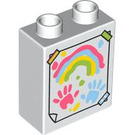 LEGO White Duplo Brick 1 x 2 x 2 with Hand and rainbow paint prints with Bottom Tube (15847 / 104357)