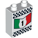 LEGO White Duplo Brick 1 x 2 x 2 with Italian Flag "1" and Checkered Flag without Bottom Tube (4066 / 95818)