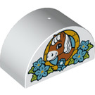 LEGO White Duplo Brick 2 x 4 x 2 with Curved Top with Pony with flowers sign (31213 / 36971)