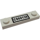 LEGO White Plate 1 x 4 with Two Studs with 'CS60138' License Plate Sticker without Groove (92593)