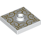 LEGO Hvit Plate 2 x 2 med Rille og 1 Senter Knott med Gold swirl Mønster (23893 / 66509)