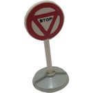 LEGO White Round Road Sign with STOP in red bordered triangle pattern with Base Type 1