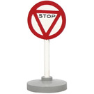 LEGO White Round Road Sign with STOP in red bordered triangle pattern with Base Type 2