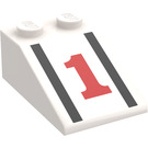 LEGO White Slope 2 x 3 (25°) with Red "1" and Black Stripes with Rough Surface (3298)