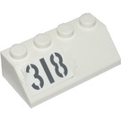 LEGO Weiß Steigung 2 x 4 (45°) mit '318' (Recht) Aufkleber mit rauer Oberfläche (3037)