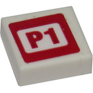 LEGO Weiß Fliese 1 x 1 mit P1 Aufkleber mit Nut (3070)
