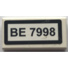 LEGO White Tile 1 x 2 with "BE 7998" Sticker with Groove (3069)