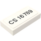LEGO White Tile 1 x 2 with Black "CS 16 789" pattern on White Sticker with Groove (3069)