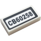 LEGO White Tile 1 x 2 with 'CB60258' Sticker with Groove (3069)