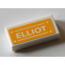 LEGO White Tile 1 x 2 with Elliot nameplate Sticker with Groove (3069)
