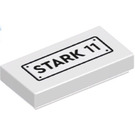 LEGO White Tile 1 x 2 with ‘STARK 11’ Sticker with Groove