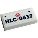 LEGO White Tile 1 x 2 with 'HLC-0637' and Dog Paw Sticker with Groove (3069)