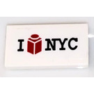 LEGO White Tile 1 x 2 with I (Brick) NYC Sticker with Groove (3069)