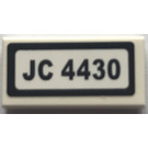 LEGO White Tile 1 x 2 with "JC 4430" Sticker with Groove (3069)