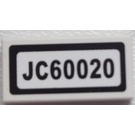LEGO White Tile 1 x 2 with 'JC60020' Sticker with Groove (3069)
