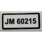 LEGO White Tile 1 x 2 with 'JM 60215' Sticker with Groove (3069)