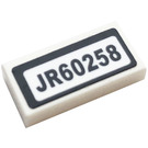 LEGO White Tile 1 x 2 with 'JR60258' Sticker with Groove (3069)