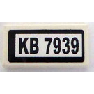 LEGO White Tile 1 x 2 with 'KB 7939' Sticker with Groove (3069)