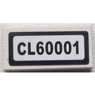 LEGO White Tile 1 x 2 with License Plate CL60001 Sticker with Groove (3069)
