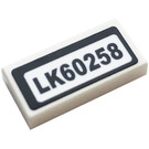 LEGO White Tile 1 x 2 with 'LK60258' Sticker with Groove (3069)