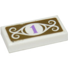 LEGO White Tile 1 x 2 with Purple 1 Sticker with Groove (3069)