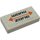 LEGO White Tile 1 x 2 with 'WORK ZONE' Sticker with Groove (3069)