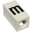 LEGO White Tile 1 x 2 x 5/6 with Stud Hole in End with Black ' m ' Pattern (lower case)