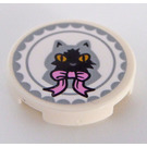 LEGO White Tile 2 x 2 Round with Black and Medium Gray Cat Sticker with Bottom Stud Holder (14769)