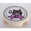 LEGO White Tile 2 x 2 Round with Dark Stone Gray Cat and Circle Pattern Sticker with Bottom Stud Holder (14769)