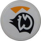 LEGO White Tile 2 x 2 Round with White Pattern on Black Symbol and Orange Triangles (Right) Sticker with "X" Bottom (4150)