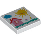 LEGO Valkoinen Laatta 2 x 2 jossa Drawing / Cloud, Sun, House, ja Kukat uralla (3068 / 98484)