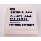 LEGO White Tile 2 x 2 with 'DWIGHT, 8AM', 'Do NOT drink the coffee' and 'FUTURE DWIGHT' Sticker with Groove (3068)