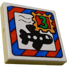 LEGO White Tile 2 x 2 with Fabuland Envelope, Black Airplane and '3' Green Stamp with Groove (3068)