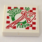LEGO White Tile 2 x 2 with green 'Storm Bakers' and 'Pizza' Sticker with Groove (3068)