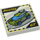 LEGO White Tile 2 x 2 with Lime Car and "Racing" "GT" with Groove (3068 / 36922)