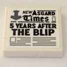 LEGO White Tile 2 x 2 with 'NEW ASGARD Times' and ' 5 YEARS AFTER THE BLIP' Sticker with Groove (3068)