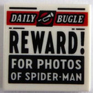 LEGO White Tile 2 x 2 with Newspaper 'DAILY BUGLE' and 'REWARD! FOR PHOTOS of SPIDER-MAN' with Groove (3068)