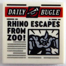 LEGO White Tile 2 x 2 with Newspaper 'DAILY BUGLE' and 'RHINO ESCAPES FROM ZOO!' with Groove (3068)