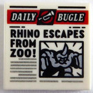 LEGO Weiß Fliese 2 x 2 mit Newspaper 'DAILY BUGLE' und 'RHINO ESCAPES FROM ZOO!' mit Nut (3068)
